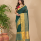 Cotton Linen Handloom Saree With Pine Green - 011