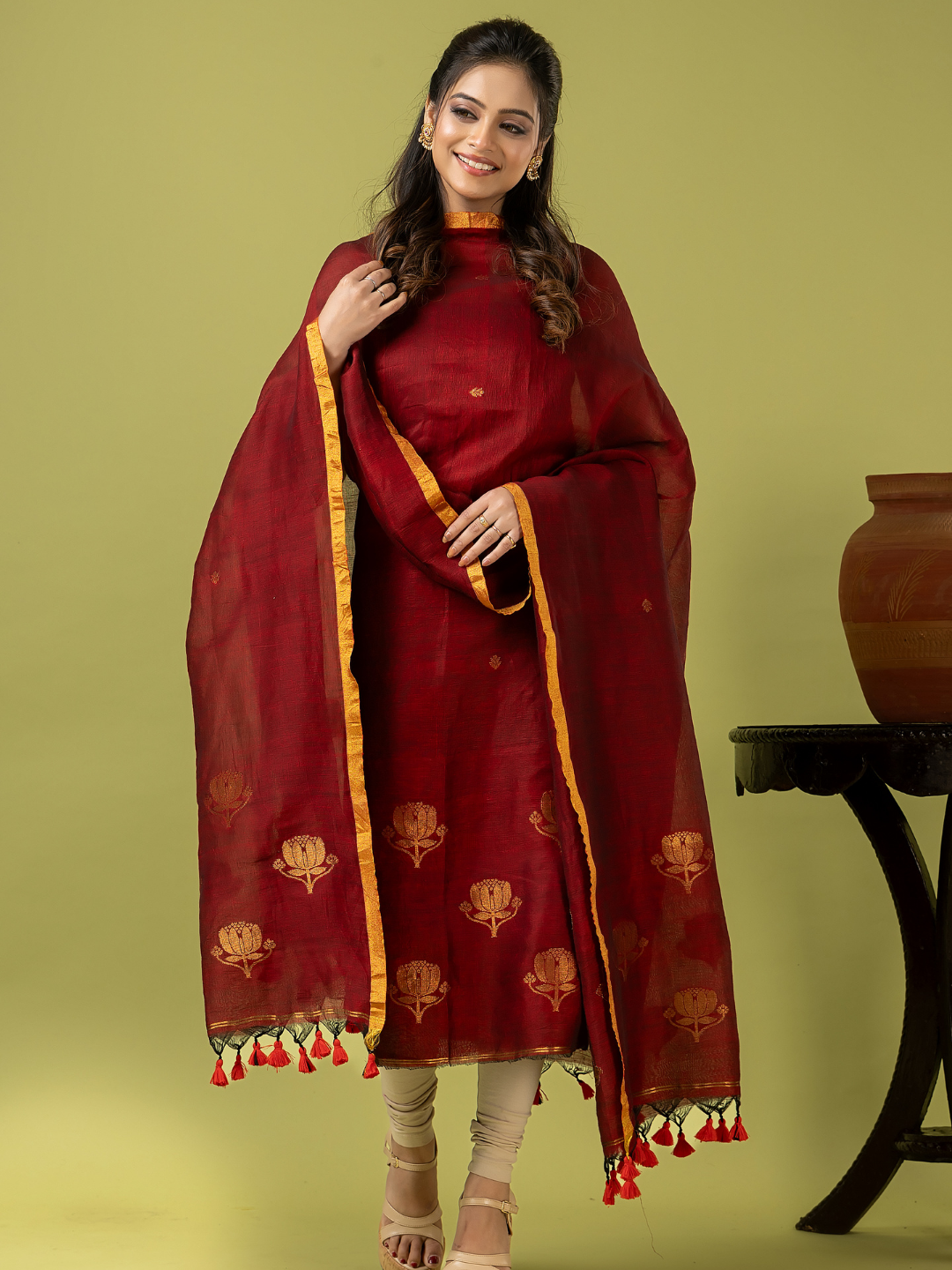 Handwoven Jamdani Linen Unstitched 2-piece Kurti | Deep Red