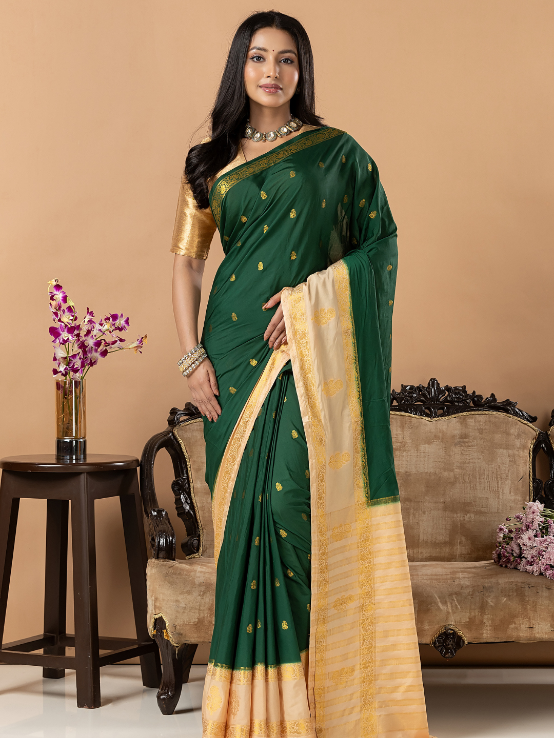 Classic Mysore Semi Silk Saree | Dark Green