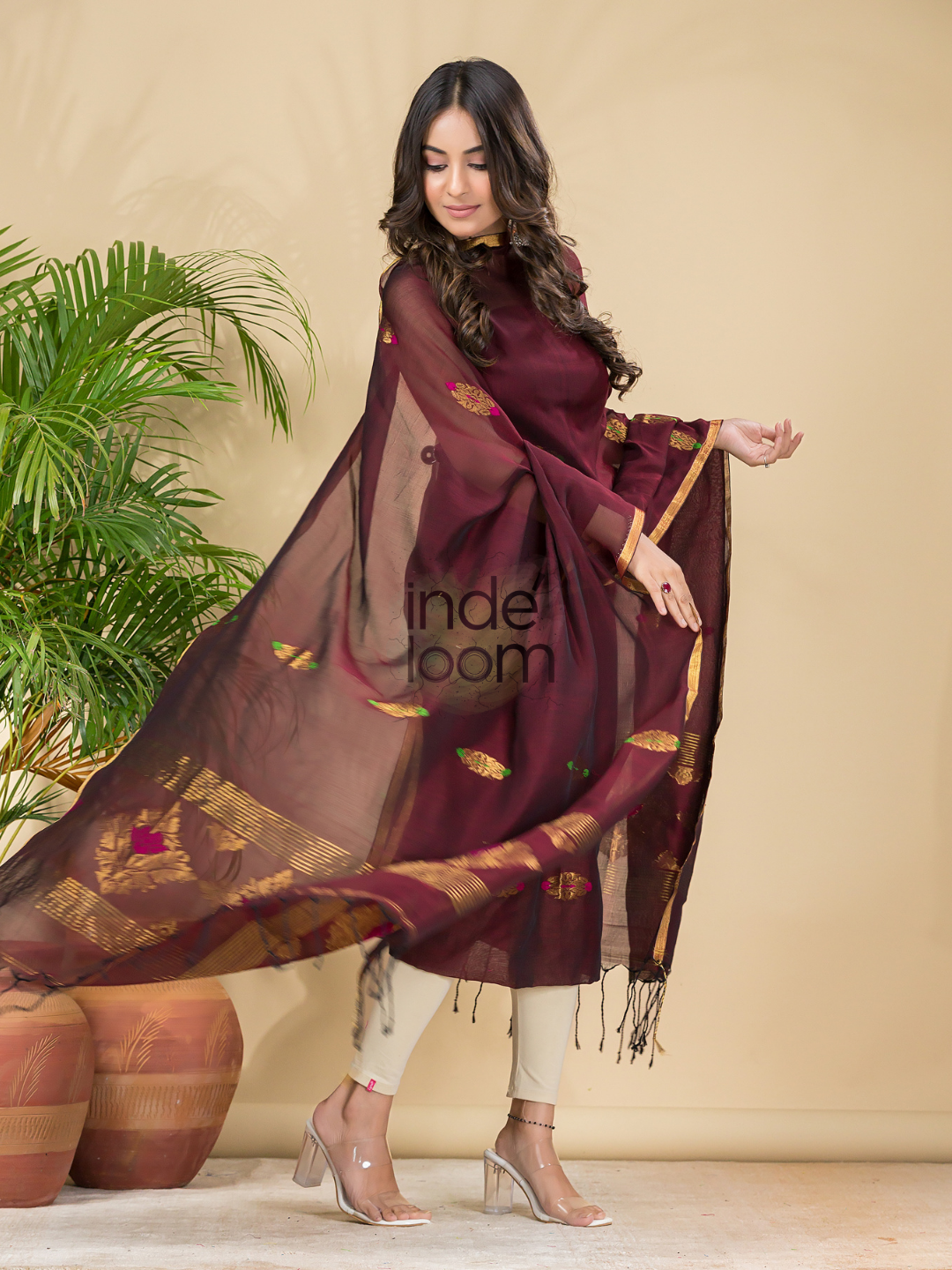 Wine Red Mercerised Cotton Meenakari Motif 2-Piece Kurti & Dupatta (UNSTITCHED)-877