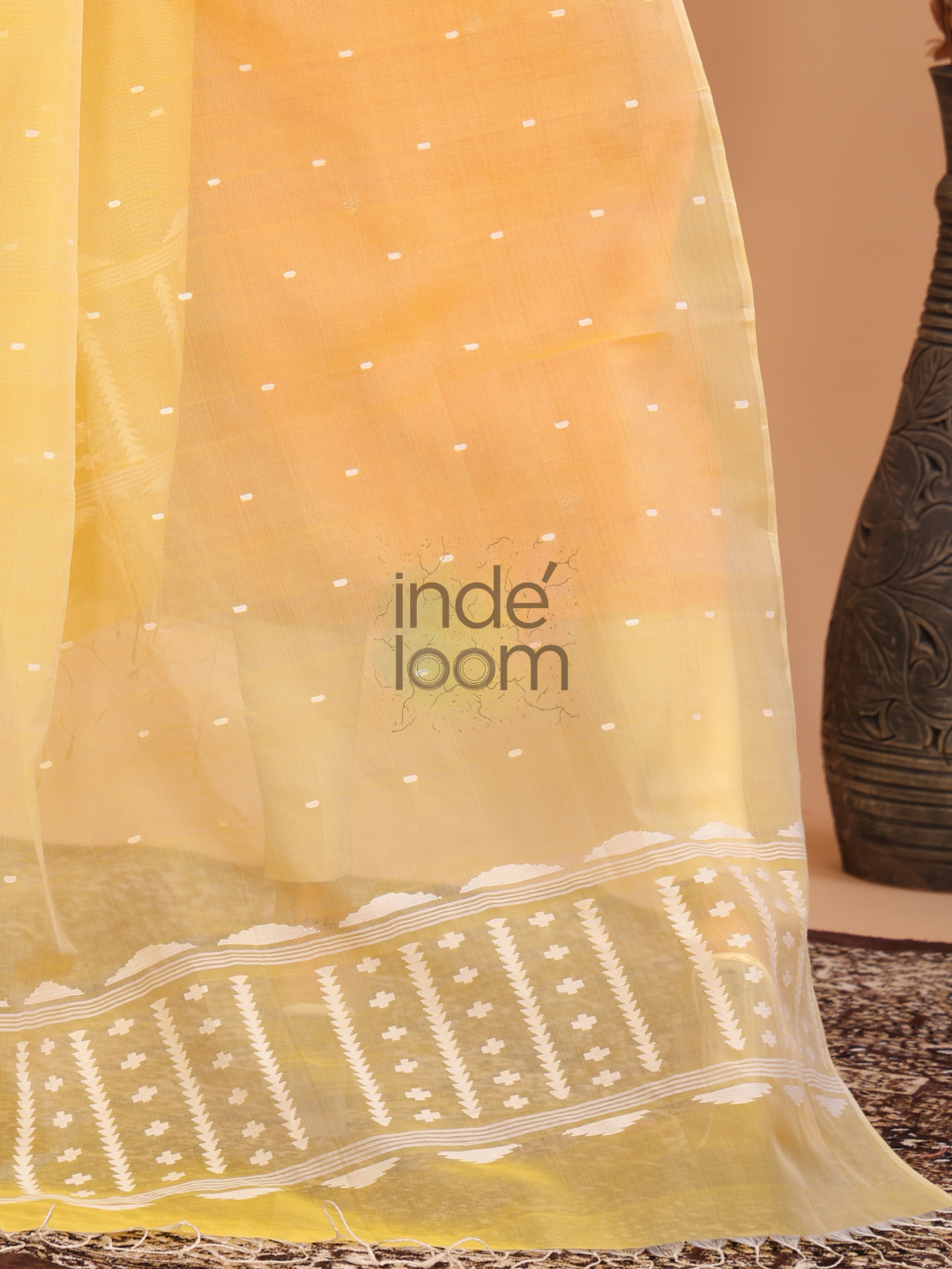 Pure Handloom Muslin Jamdani Dupatta With Mango Yellow  - 010
