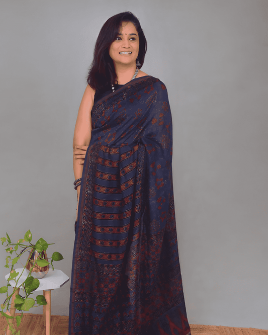 Ajrakh Exclusive Designer Chanderi Cotton Saree in Navy Blue and Red - 038 - indeloom