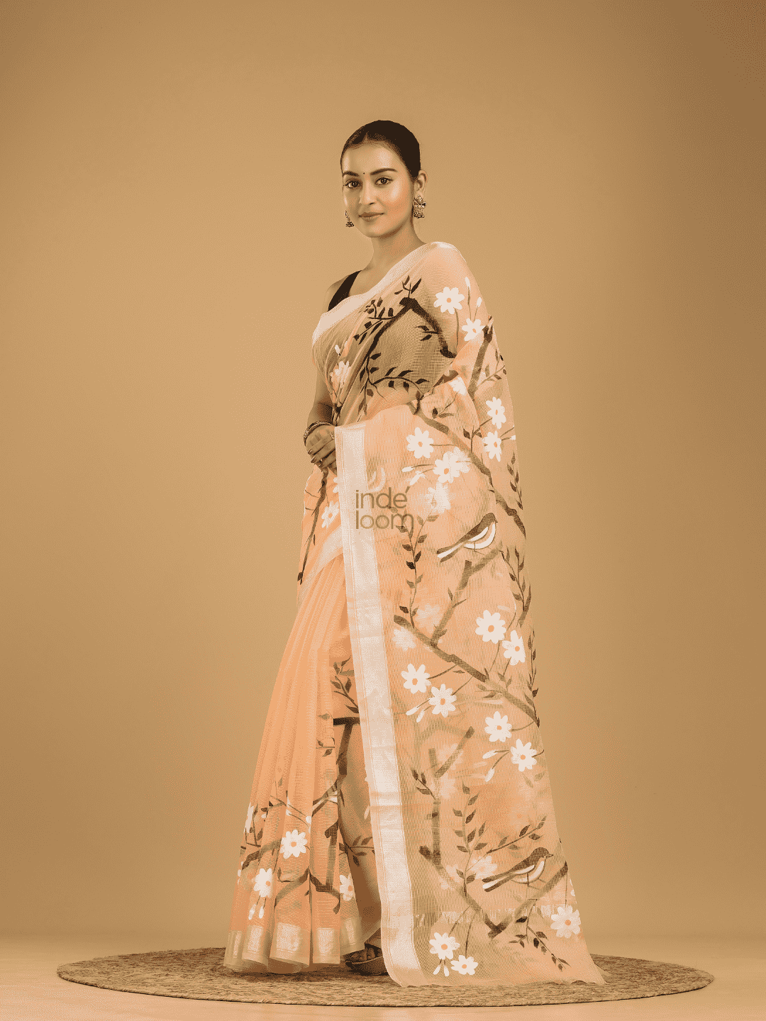 Kota Doria Handpainted Saree With Pale Orange - 006 - indeloom