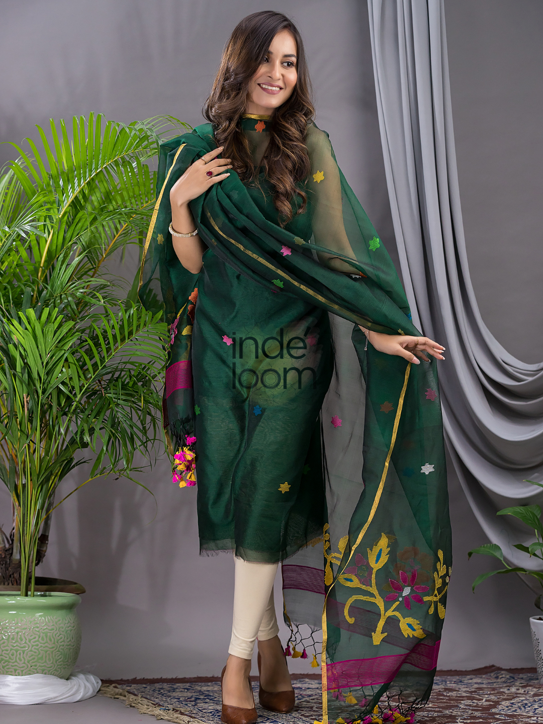 Dark Green Cotton Silk Jamdani 2-Piece Set Kurti & Dupatta (UNSTITCHED) - 106