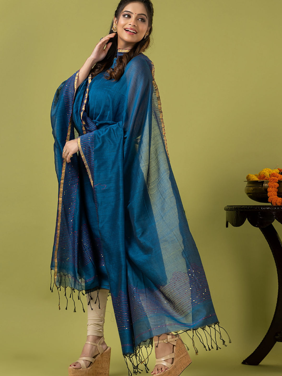 Handwoven Jamdani cotton Unstitched 2-piece Kurti | Peacock Teal Blue
