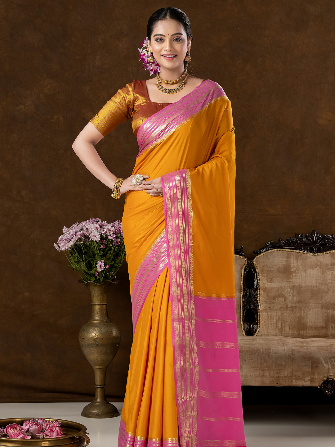Classic Mysore Semi Silk Saree | Mustard Gold