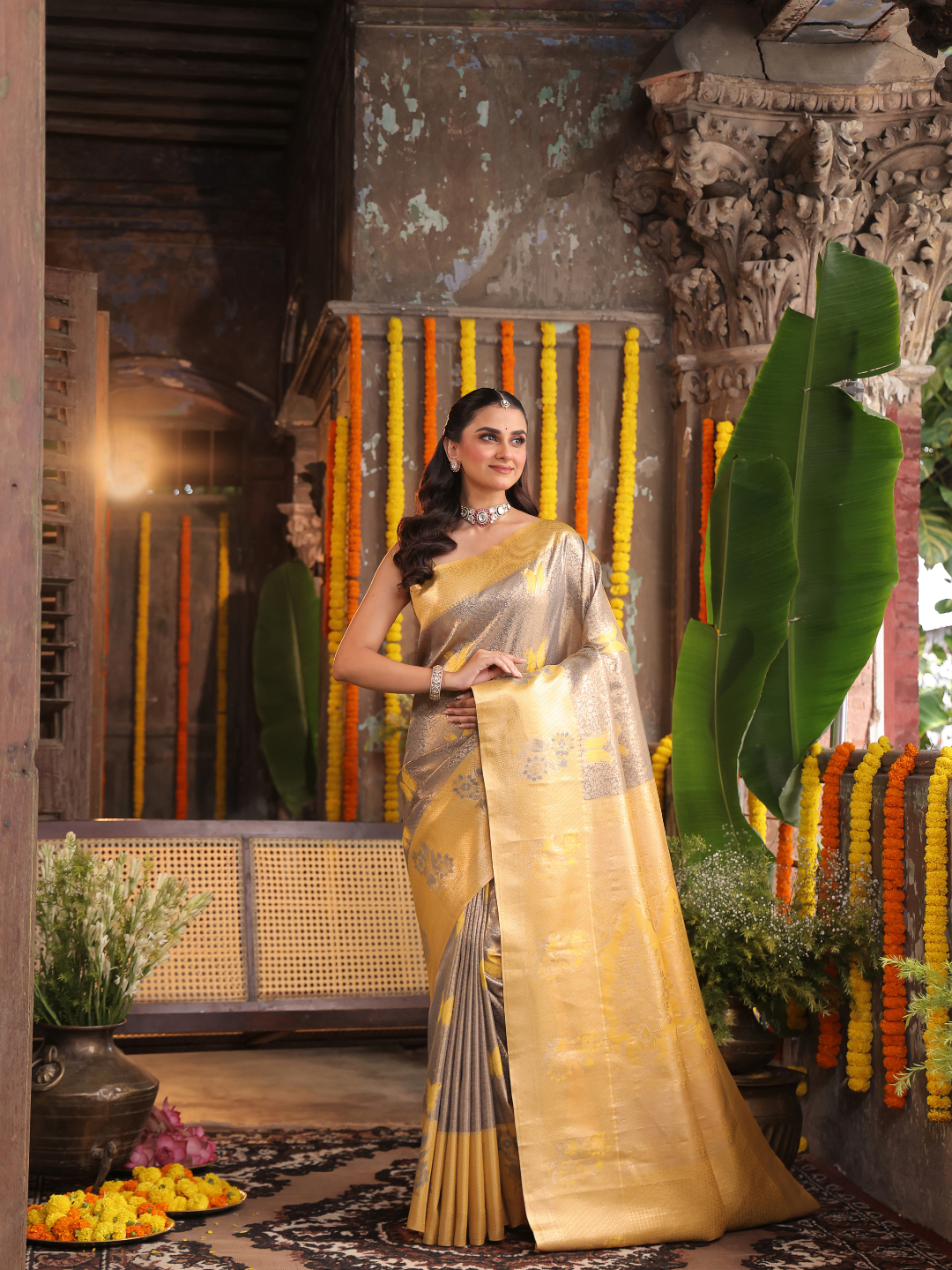 Tamra Vastra - Lava Rock Black silk with golden checks and shrine motifs