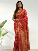 Chanderi Silk Woven Geometric Saree in Classic Red (Precision Looms) -003