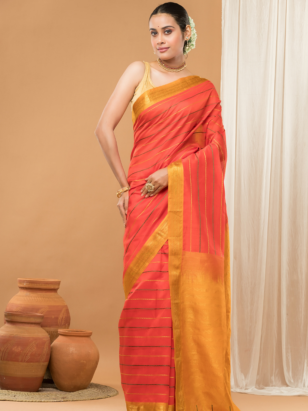 Pure Handloom Korvai Saree |Vivid Orange With Gold Broder