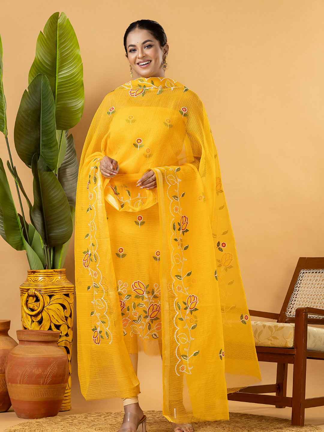 Classic Kota Doria Cotton Unstitched 2-Piece Kurti | Marigold Yellow