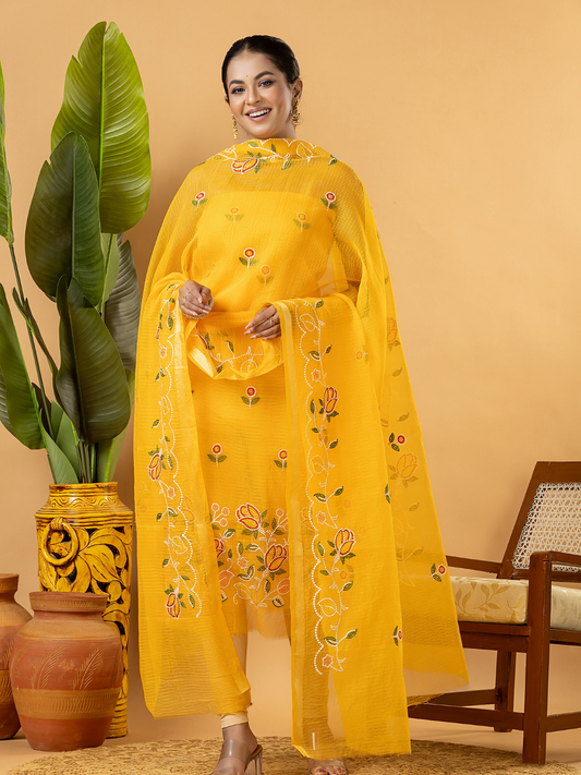 Classic Kota Doria Cotton Unstitched 2-Piece Kurti | Marigold Yellow