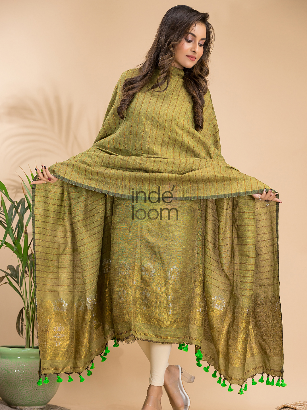 Olive Green Organic Linen 2-Piece Set Kurti & Dupatta (UNSTITCHED) - 006