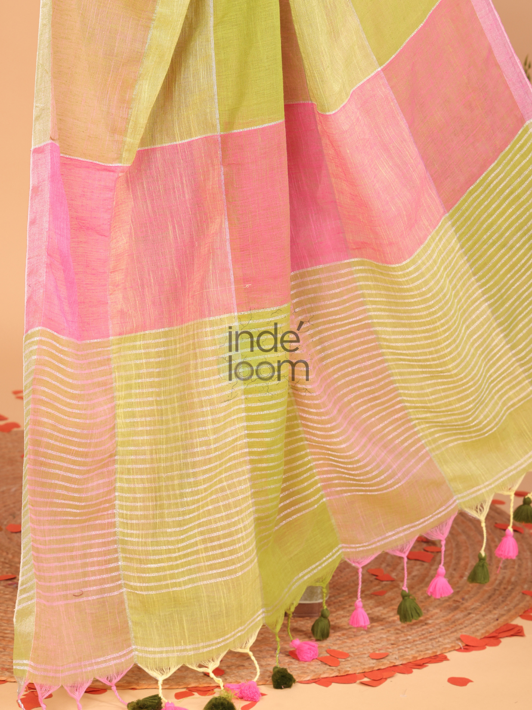 Linen Checks Saree With Green Pink Yellow - 108