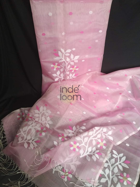 Handwoven Jamdani Muslin Unstitched 2-piece Kurti  |  Baby Pink