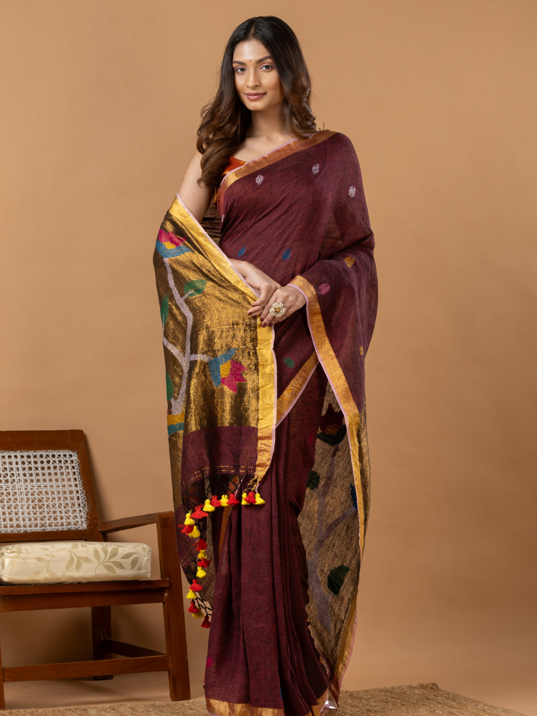 Handwoven Jamdani Linen Saree | Wine Maroon