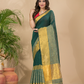 Cotton Linen Handloom Saree With Pine Green - 011