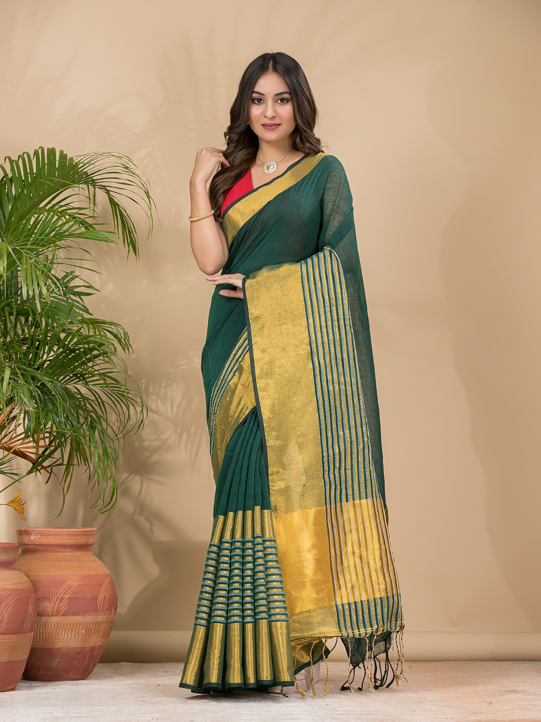 Cotton Linen Handloom Saree With Pine Green - 011