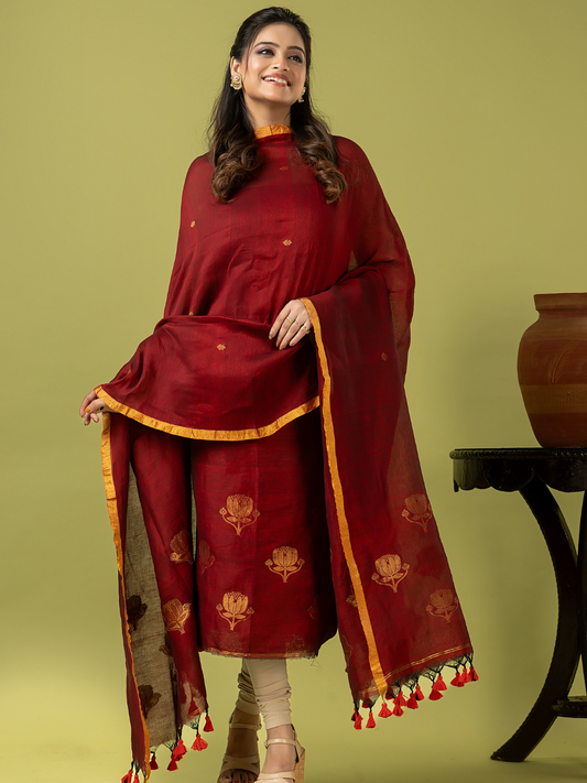 Handwoven Jamdani Linen Unstitched 2-piece Kurti | Deep Red