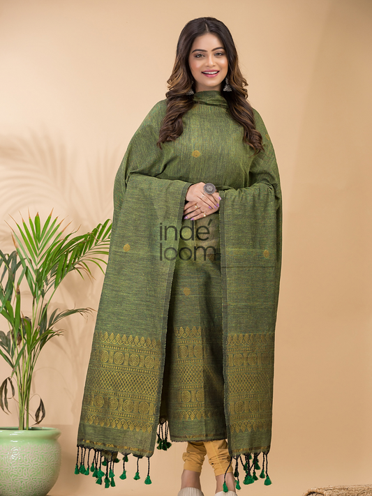 Handwoven Jamdani Linen Unstitched 2-piece Kurti  |  Moss Green