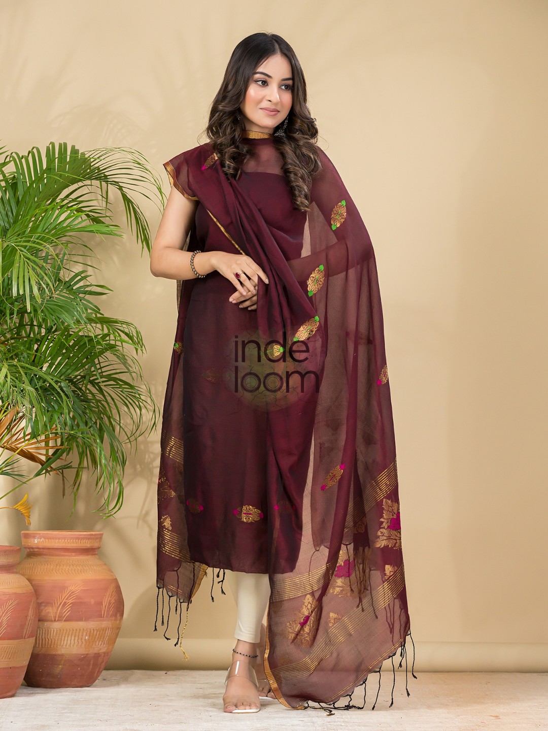 Wine Red Mercerised Cotton Meenakari Motif 2-Piece Kurti & Dupatta (UNSTITCHED)-877
