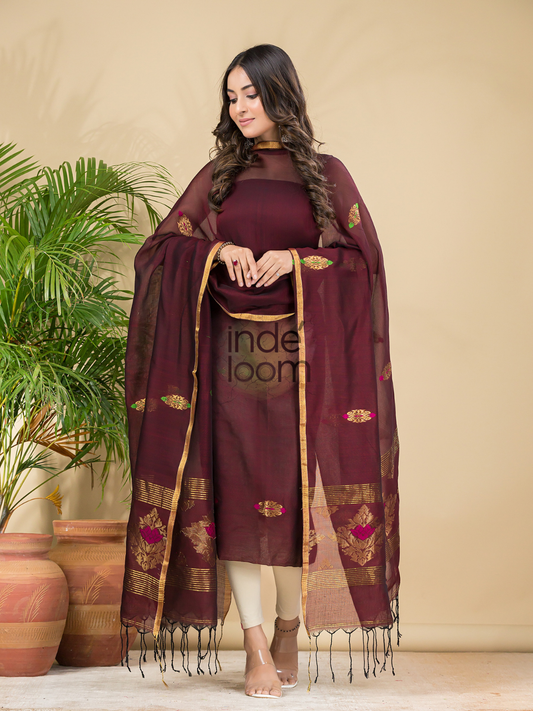 Wine Red Mercerised Cotton Meenakari Motif 2-Piece Kurti & Dupatta (UNSTITCHED)-877