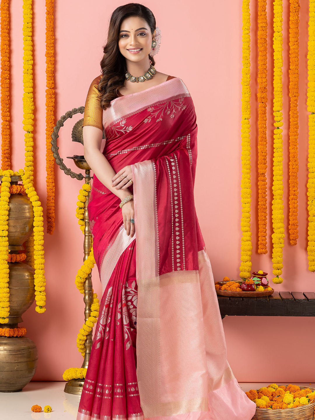 Classic Benarasi Semi Silk Saree | Magenta Pink