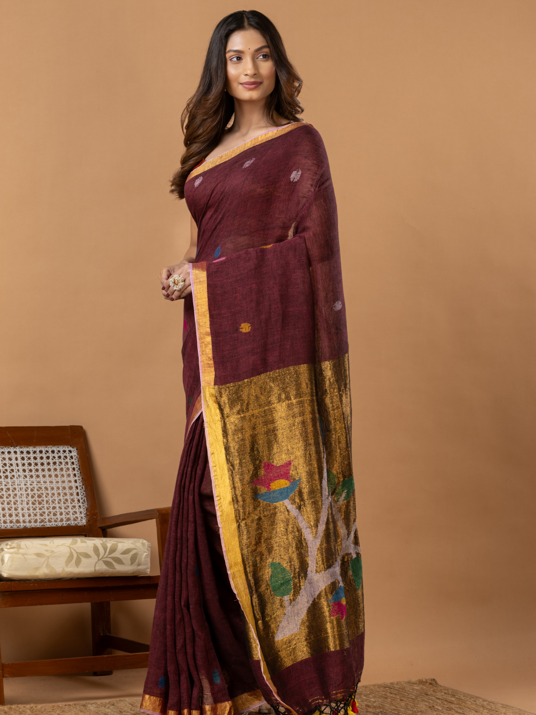 Handwoven Jamdani Linen Saree | Wine Maroon