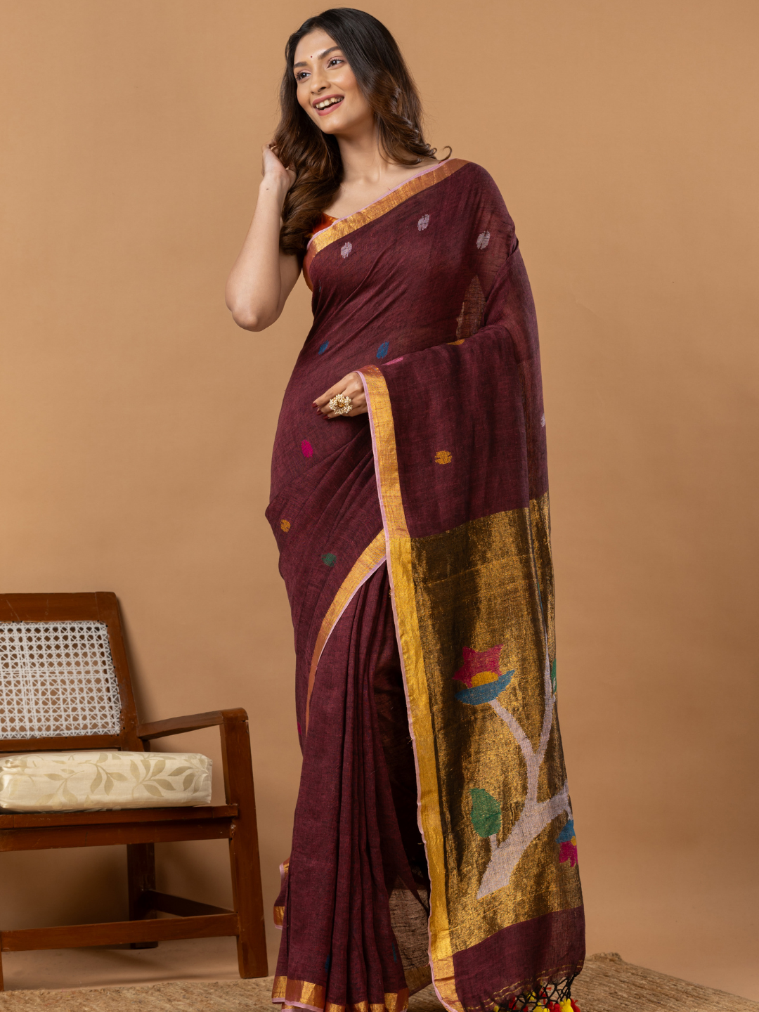 Handwoven Jamdani Linen Saree | Wine Maroon