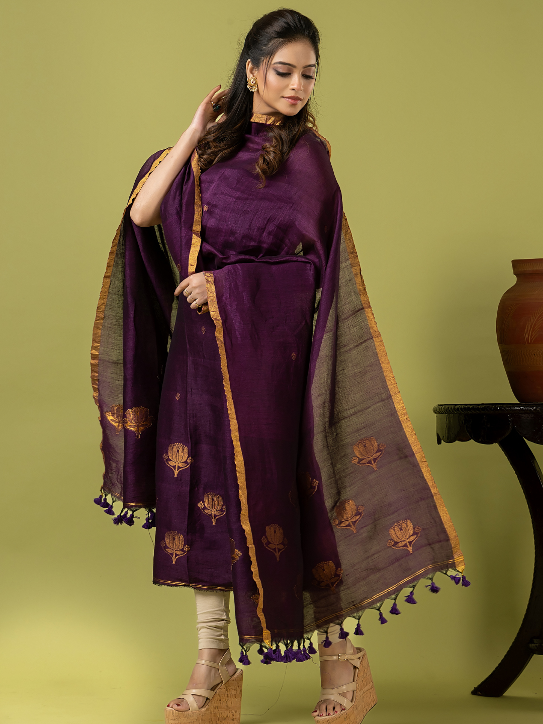 Handwoven Jamdani Linen Unstitched 2-piece Kurti | Royal Purple