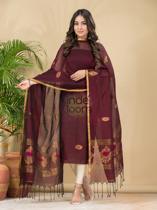 Wine Red Mercerised Cotton Meenakari Motif 2-Piece Kurti & Dupatta (UNSTITCHED)-877
