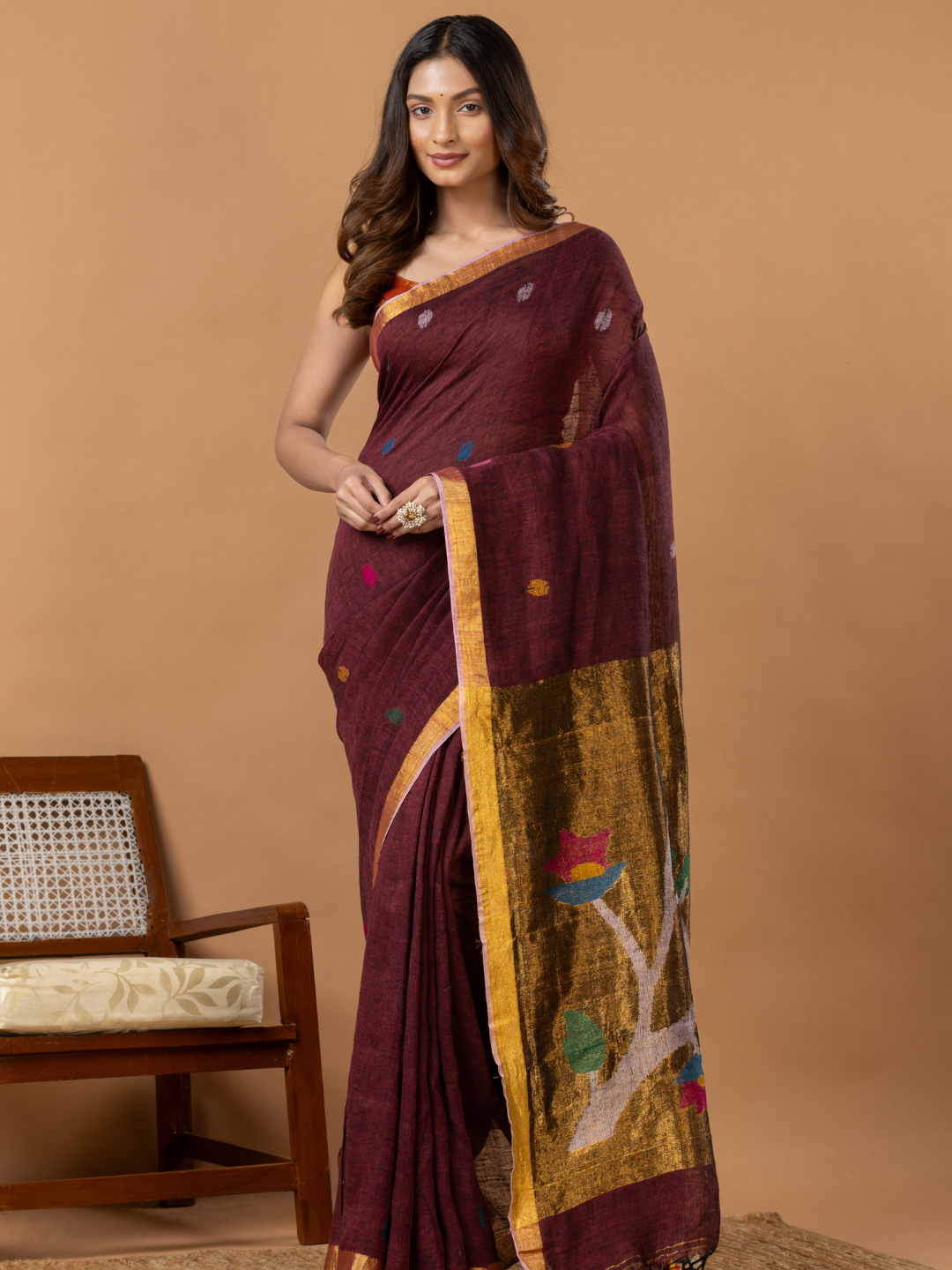 Handwoven Jamdani Linen Saree | Wine Maroon