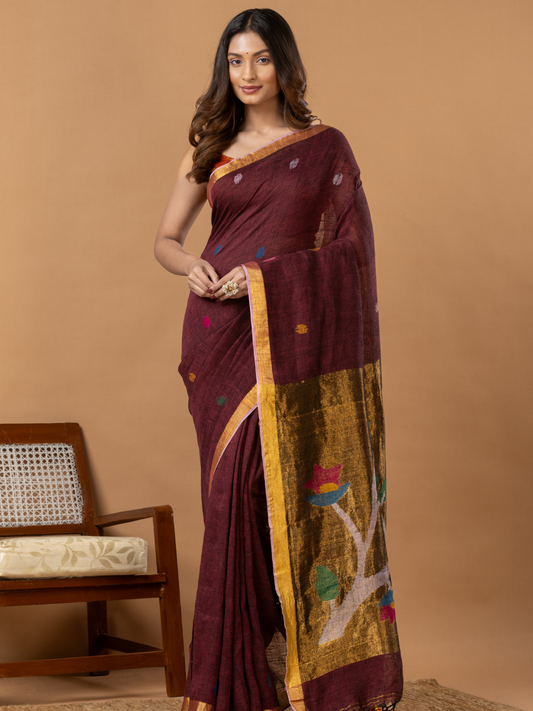 Handwoven Jamdani Linen Saree | Wine Maroon