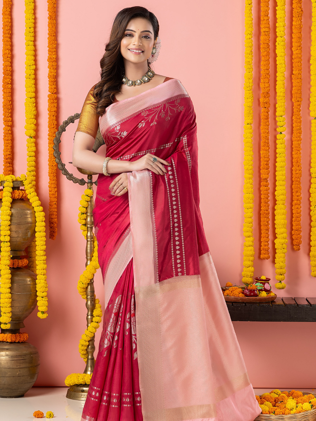 Classic Benarasi Semi Silk Saree | Magenta Pink