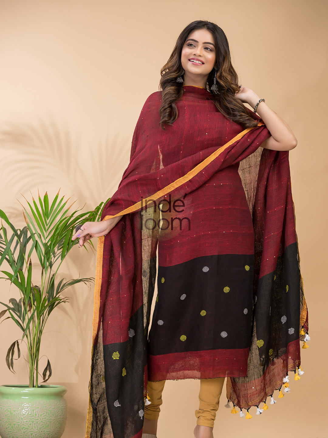 Claret | Handloom Jamdani Linen Unstitched 2-Piece Kurti