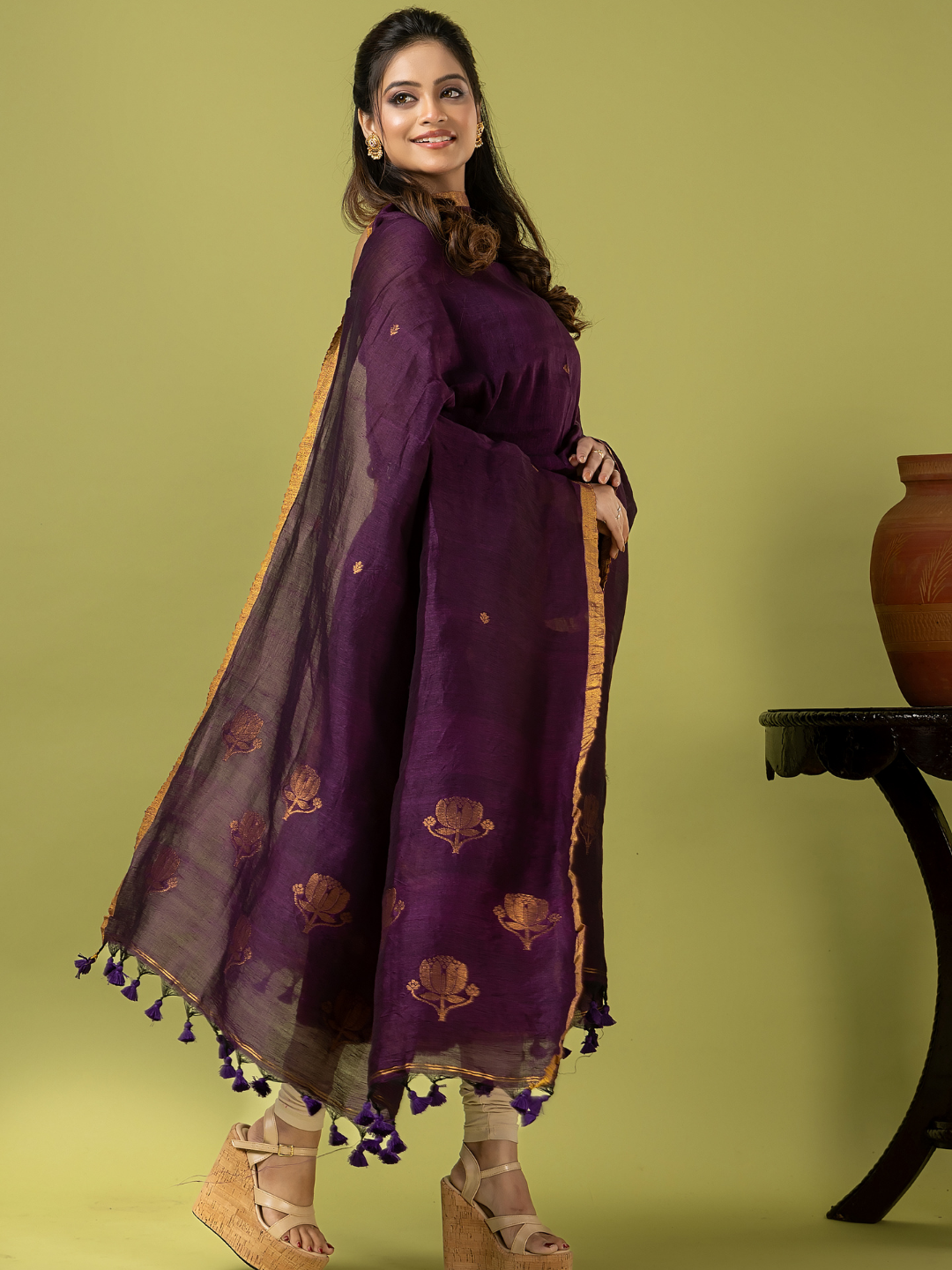 Handwoven Jamdani Linen Unstitched 2-piece Kurti | Royal Purple