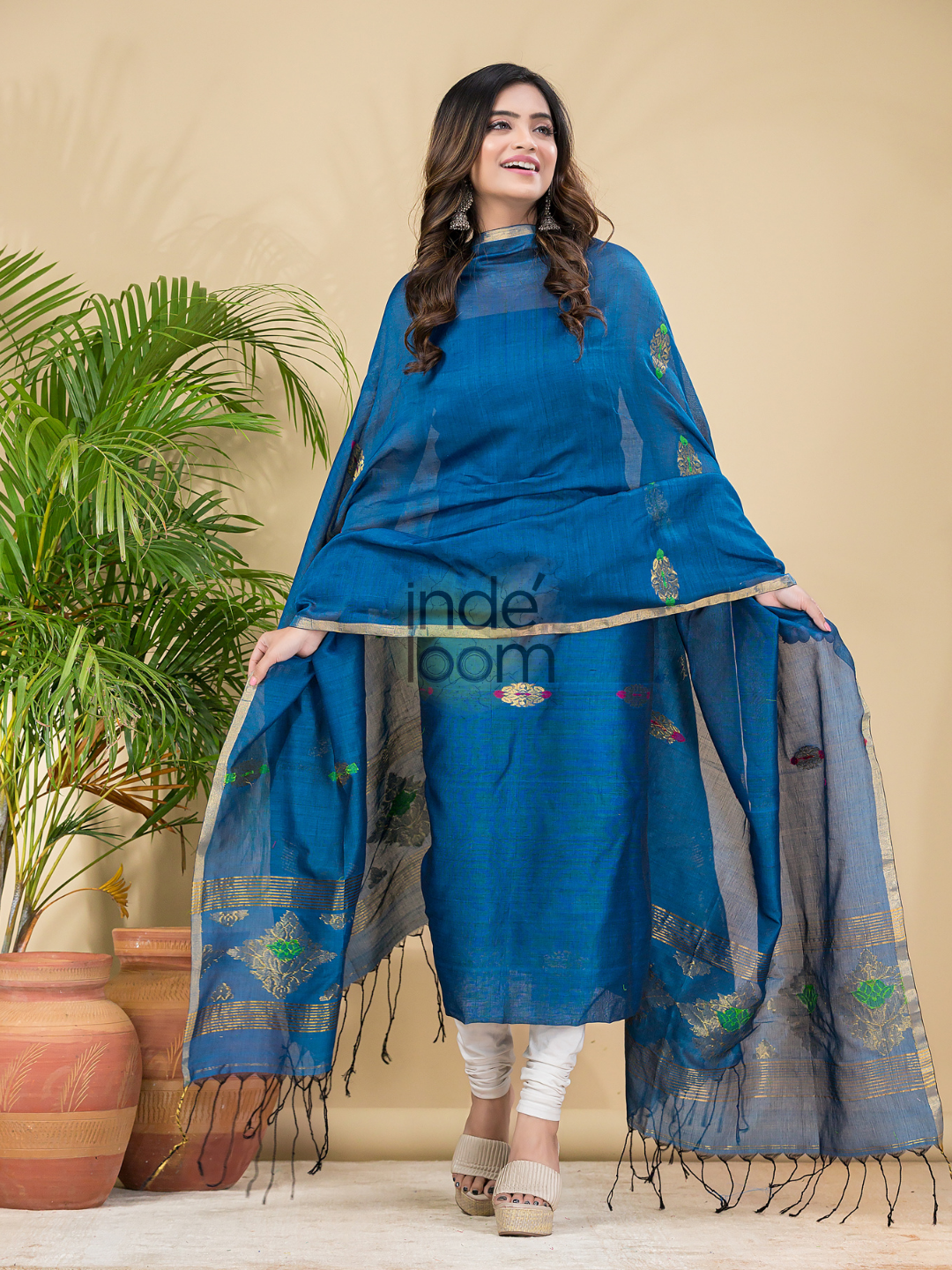 Dark Blue Mercerised Cotton Meenakari Motif 2-Piece Kurti & Dupatta (UNSTITCHED)-878