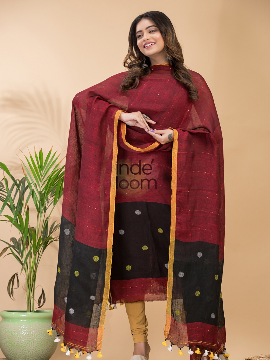 Claret | Handloom Jamdani Linen Unstitched 2-Piece Kurti