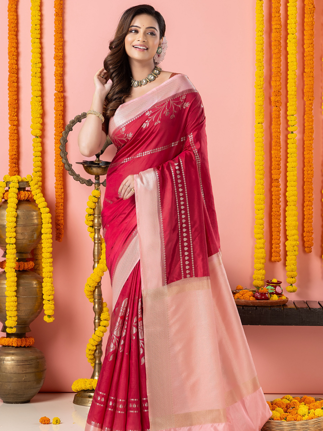Classic Benarasi Semi Silk Saree | Magenta Pink