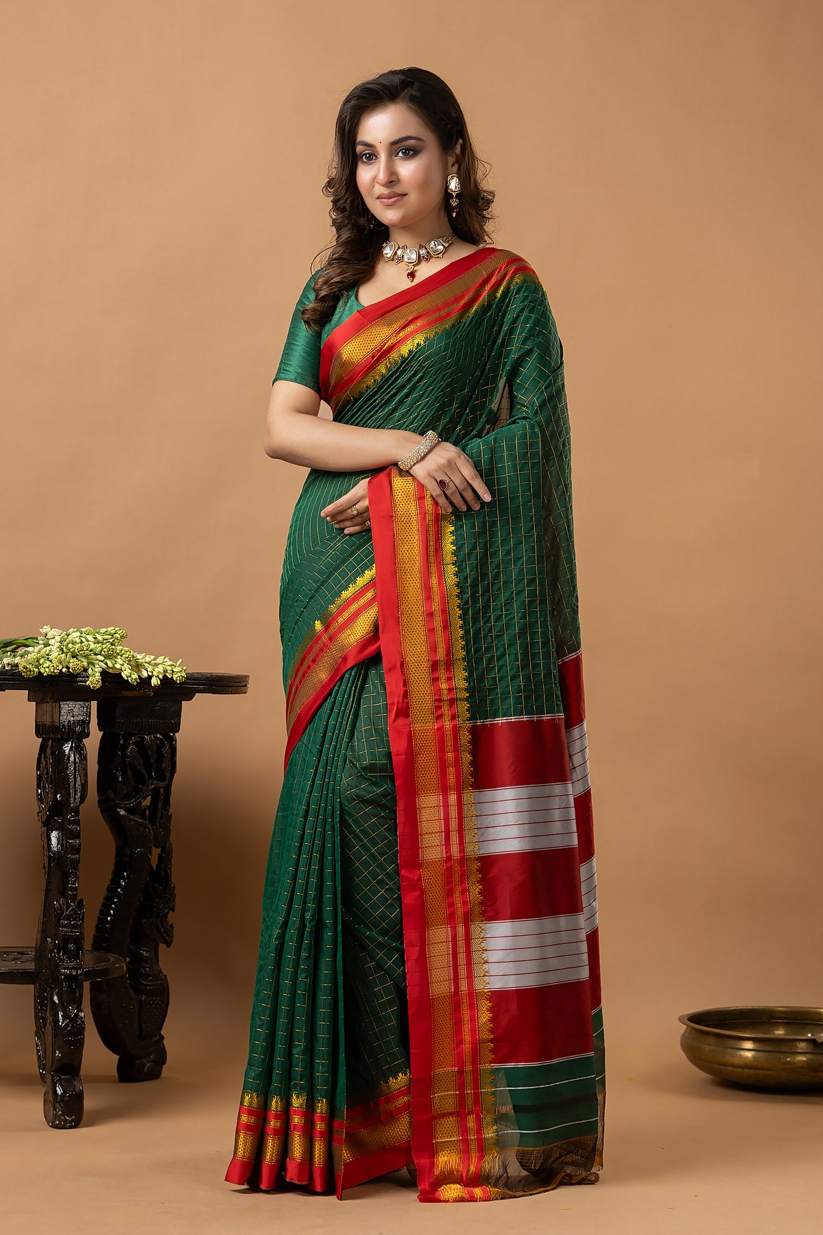 Traditional Ilkal Viscose Saree | Forest Green