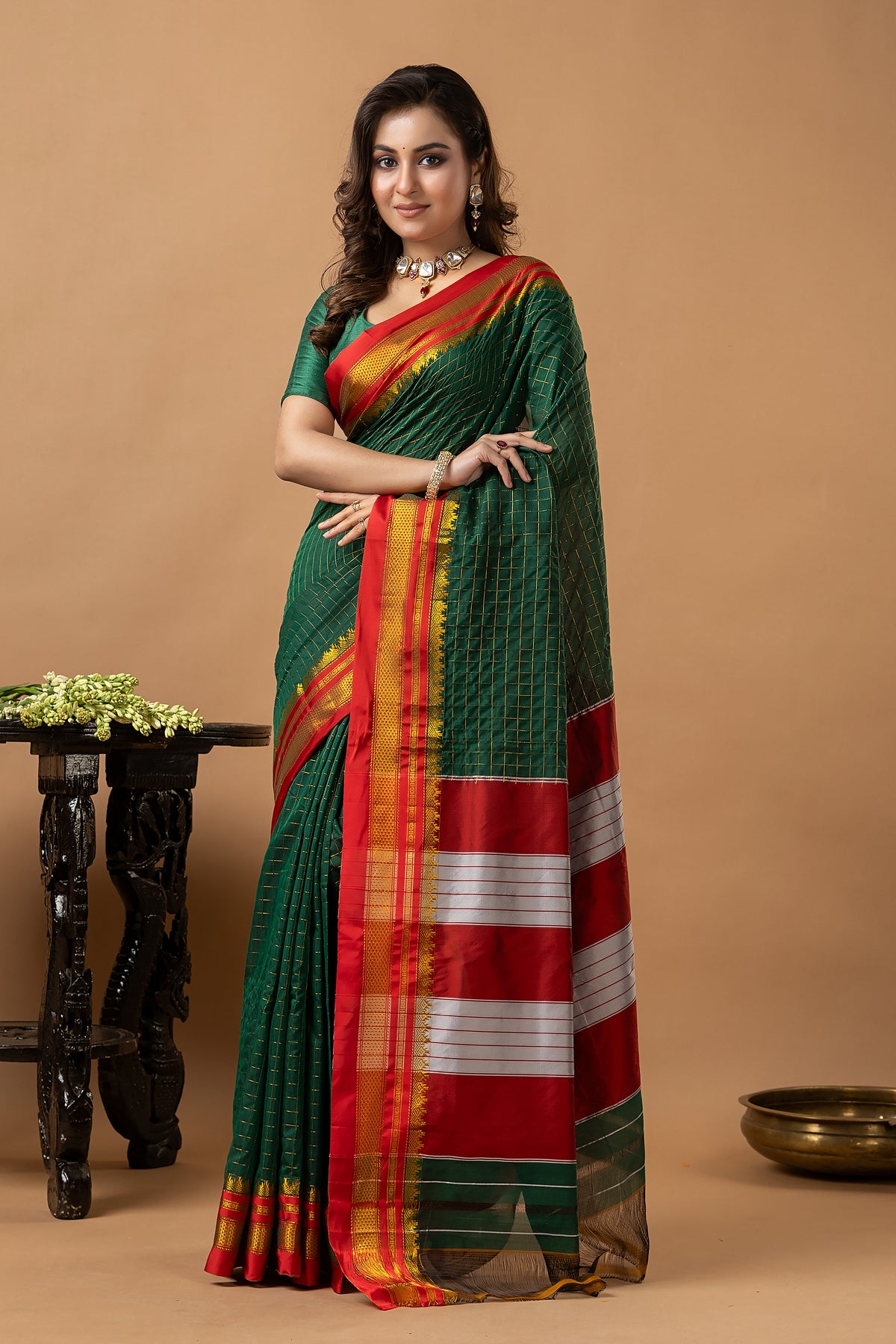 Traditional Ilkal Viscose Saree | Forest Green