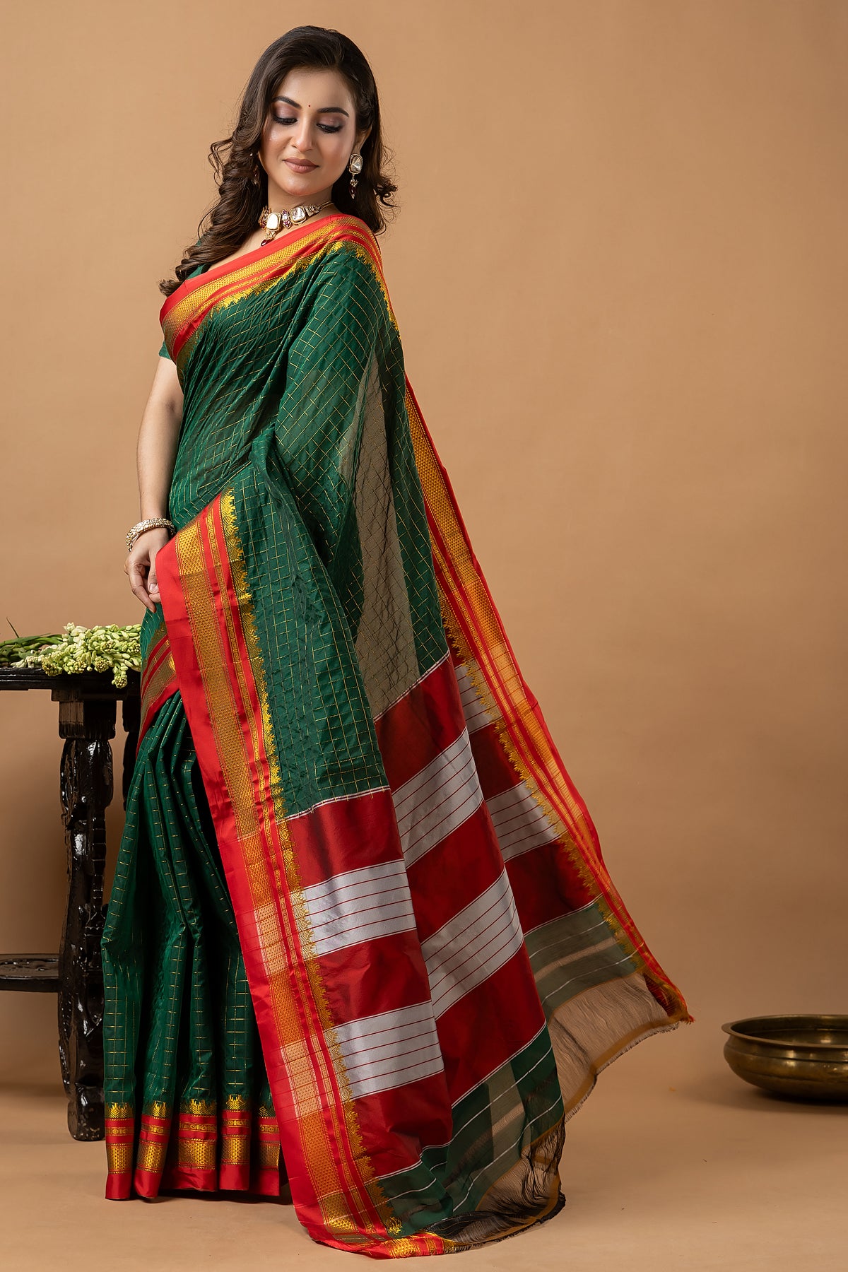 Traditional Ilkal Viscose Saree | Forest Green