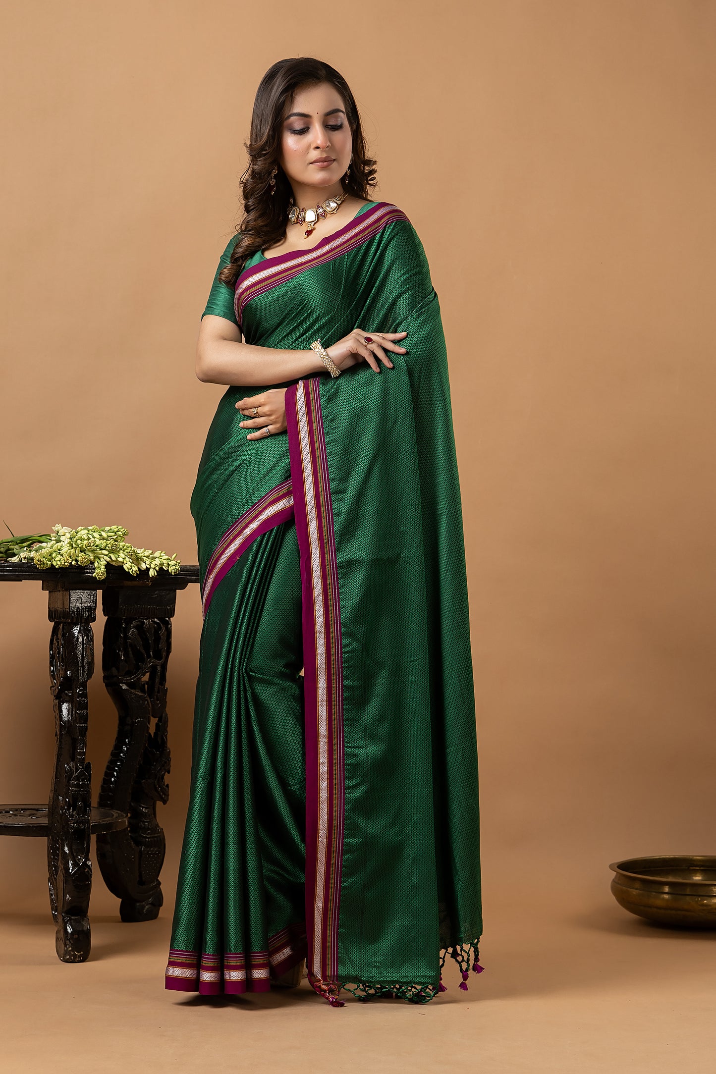 Traditional Ilkal Viscose Saree | Emerald Green