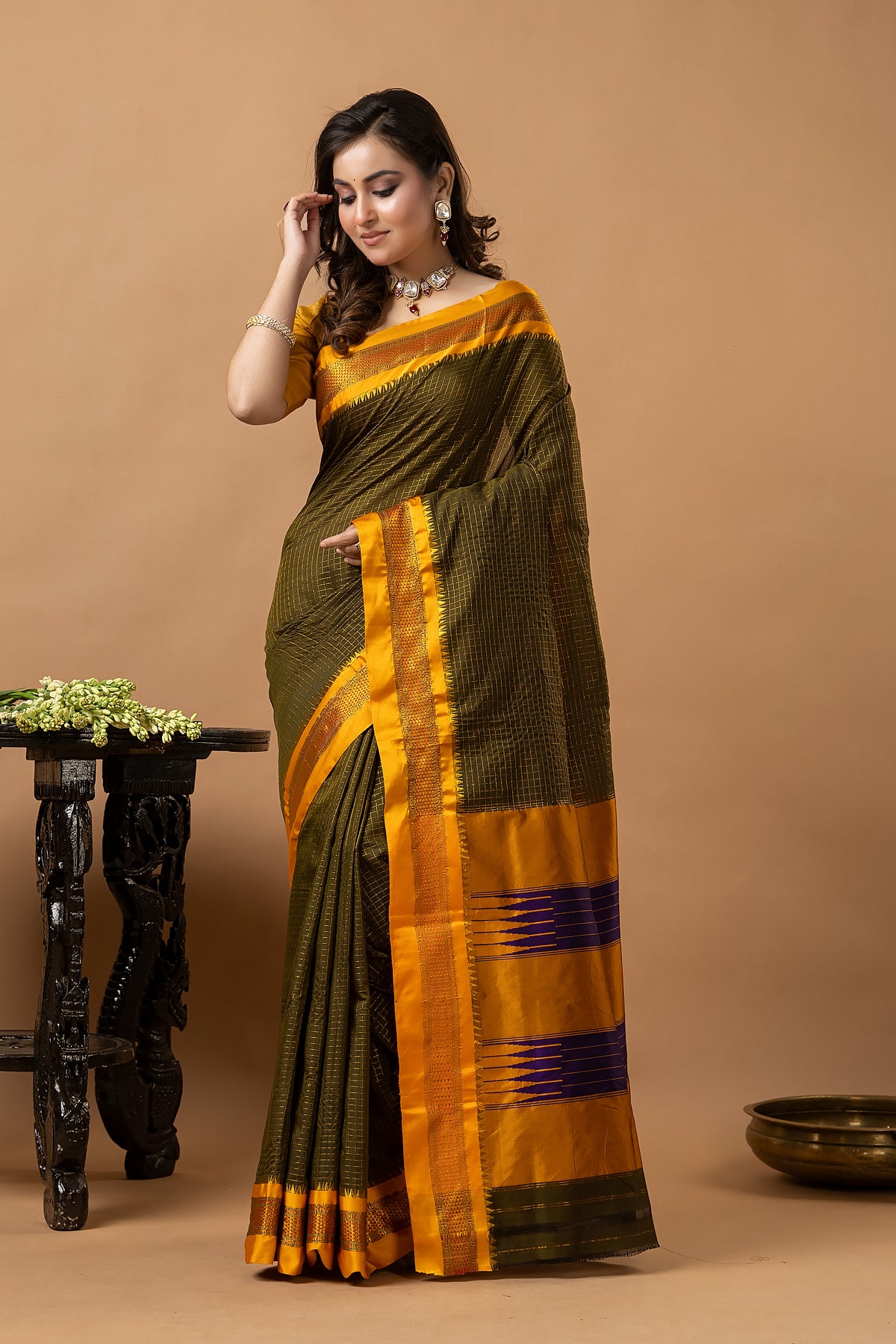 Traditional Ilkal Viscose Saree | Dark Olive Green