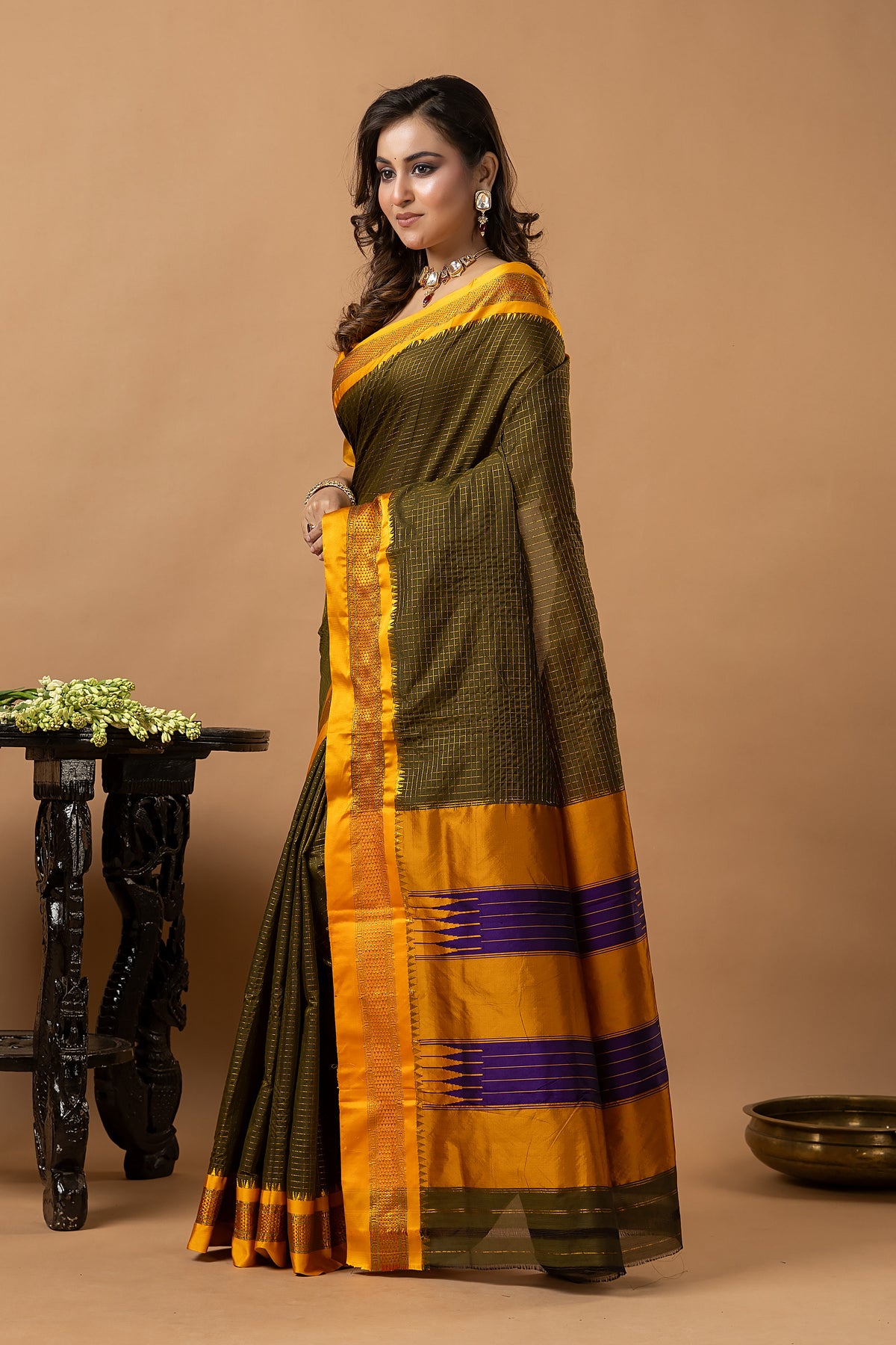 Traditional Ilkal Viscose Saree | Dark Olive Green