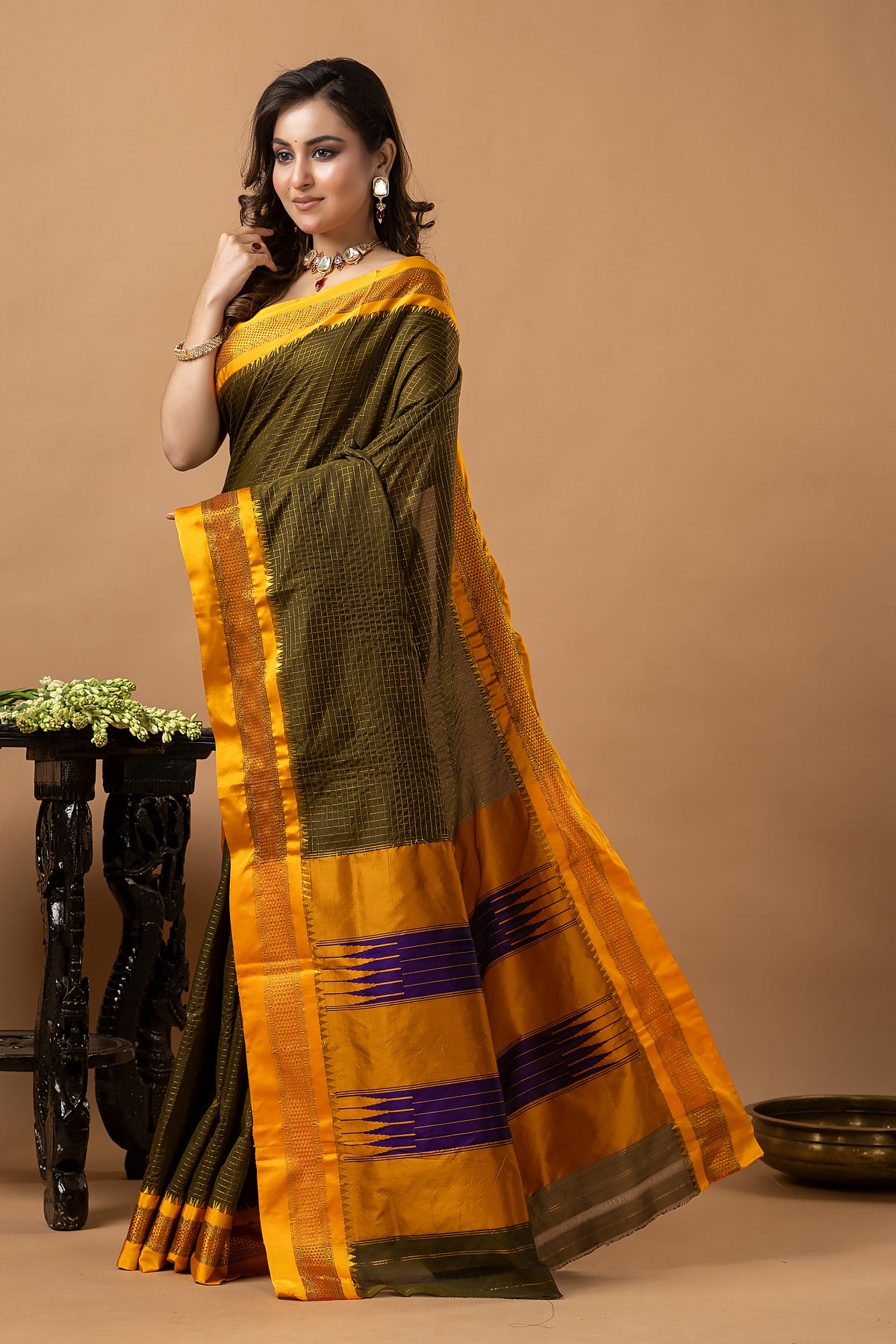 Traditional Ilkal Viscose Saree | Dark Olive Green