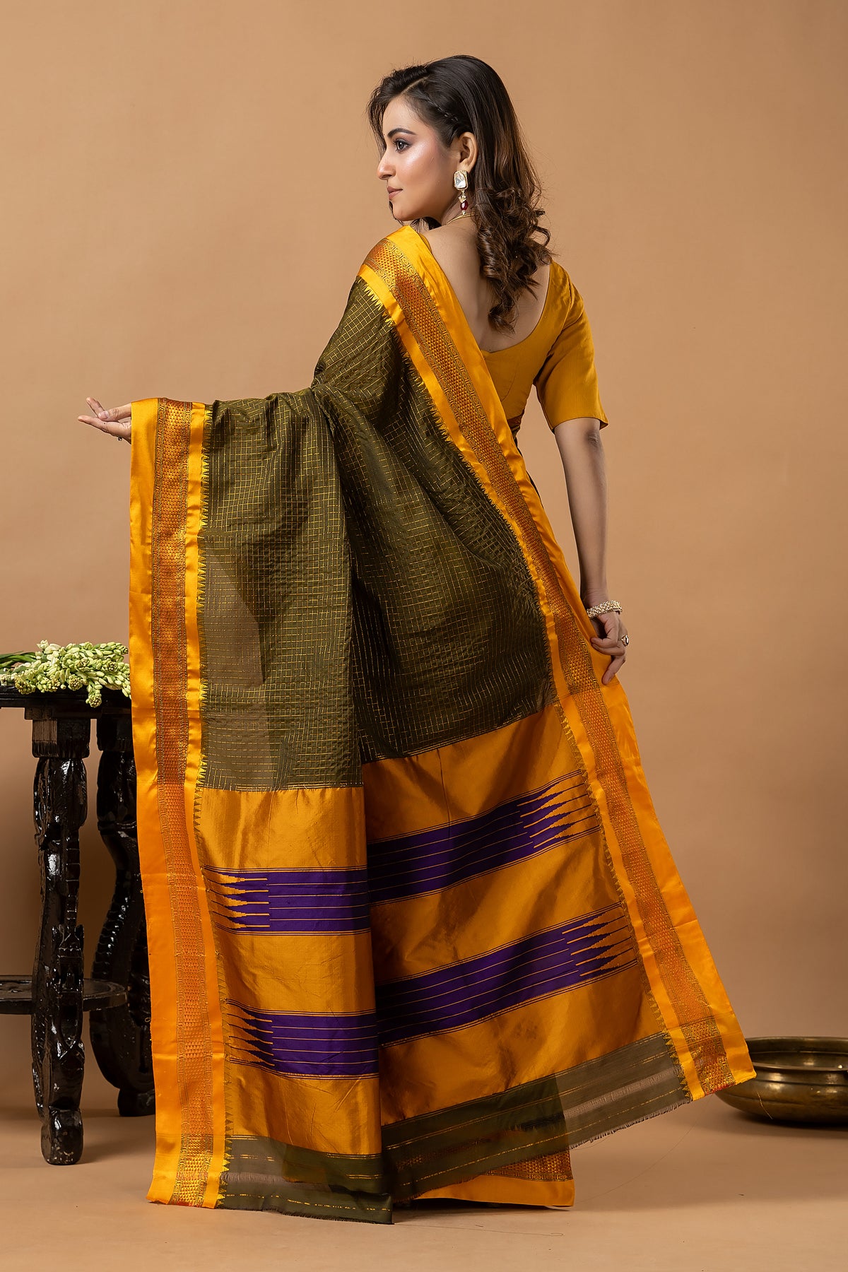 Traditional Ilkal Viscose Saree | Dark Olive Green
