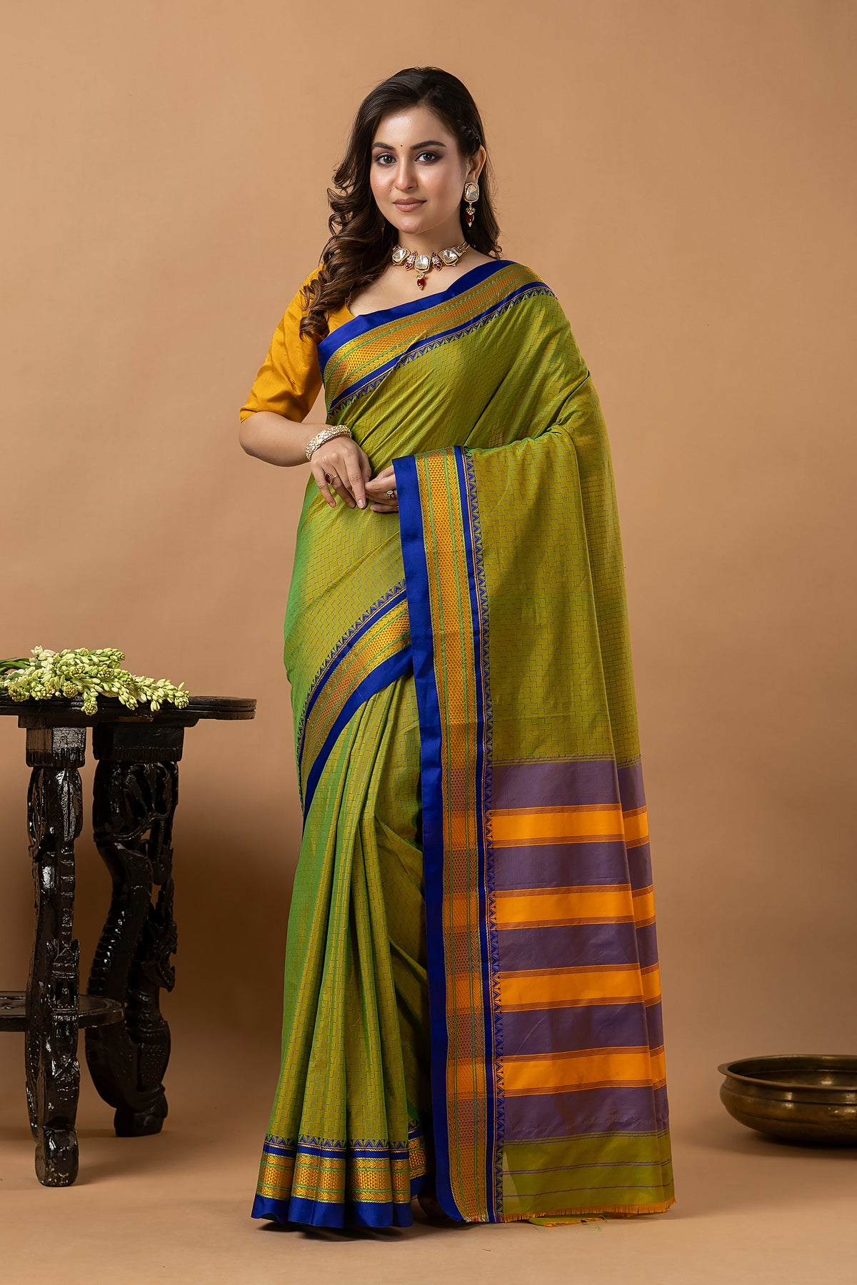 Traditional Ilkal Viscose Saree | Lime Olive Green