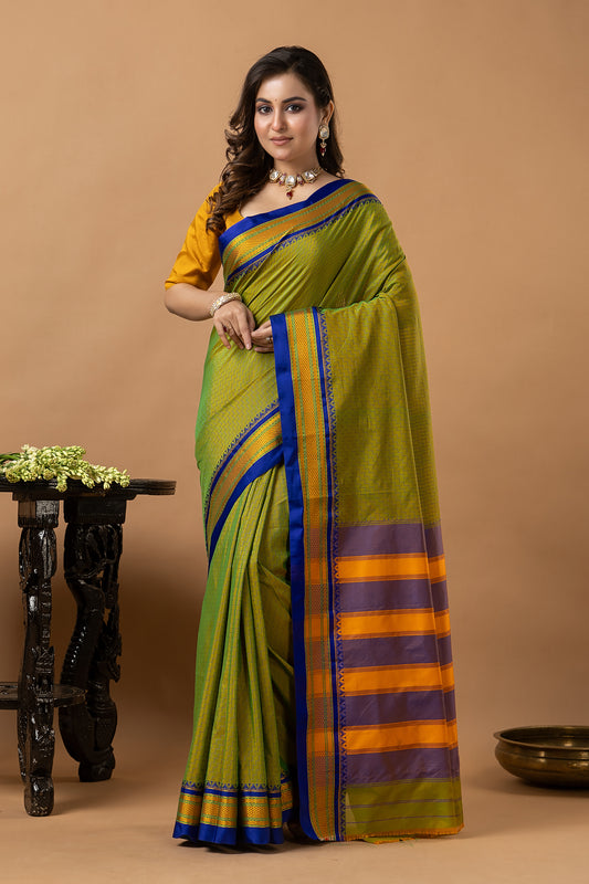 Traditional Ilkal Viscose Saree | Lime Olive Green