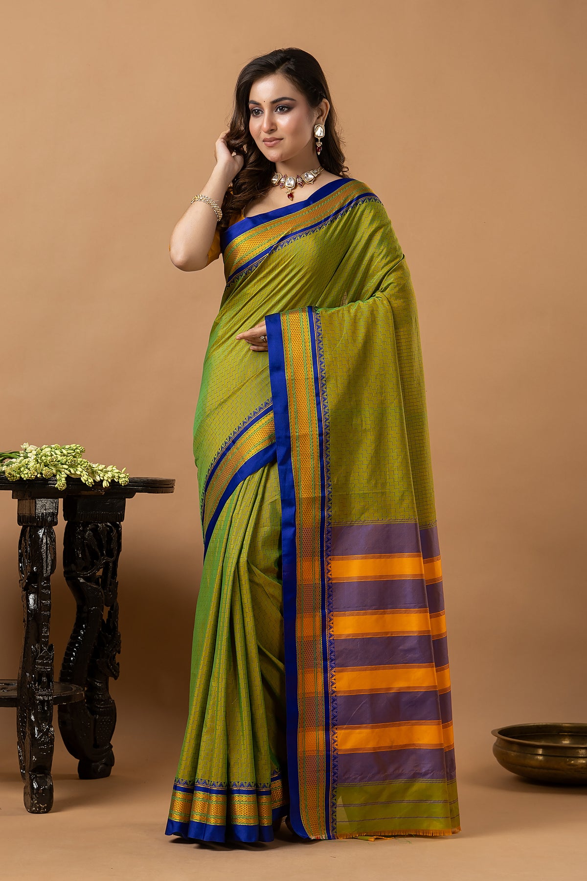 Traditional Ilkal Viscose Saree | Lime Olive Green