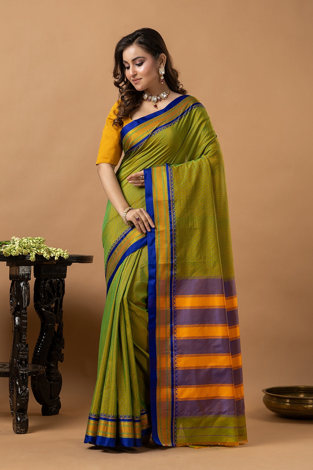Traditional Ilkal Viscose Saree | Lime Olive Green